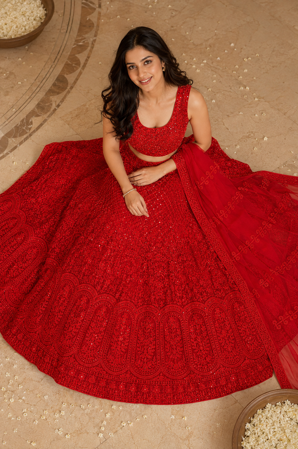 Red Self Thread Embroidered Lehenga Choli Set with Dupatta-Large