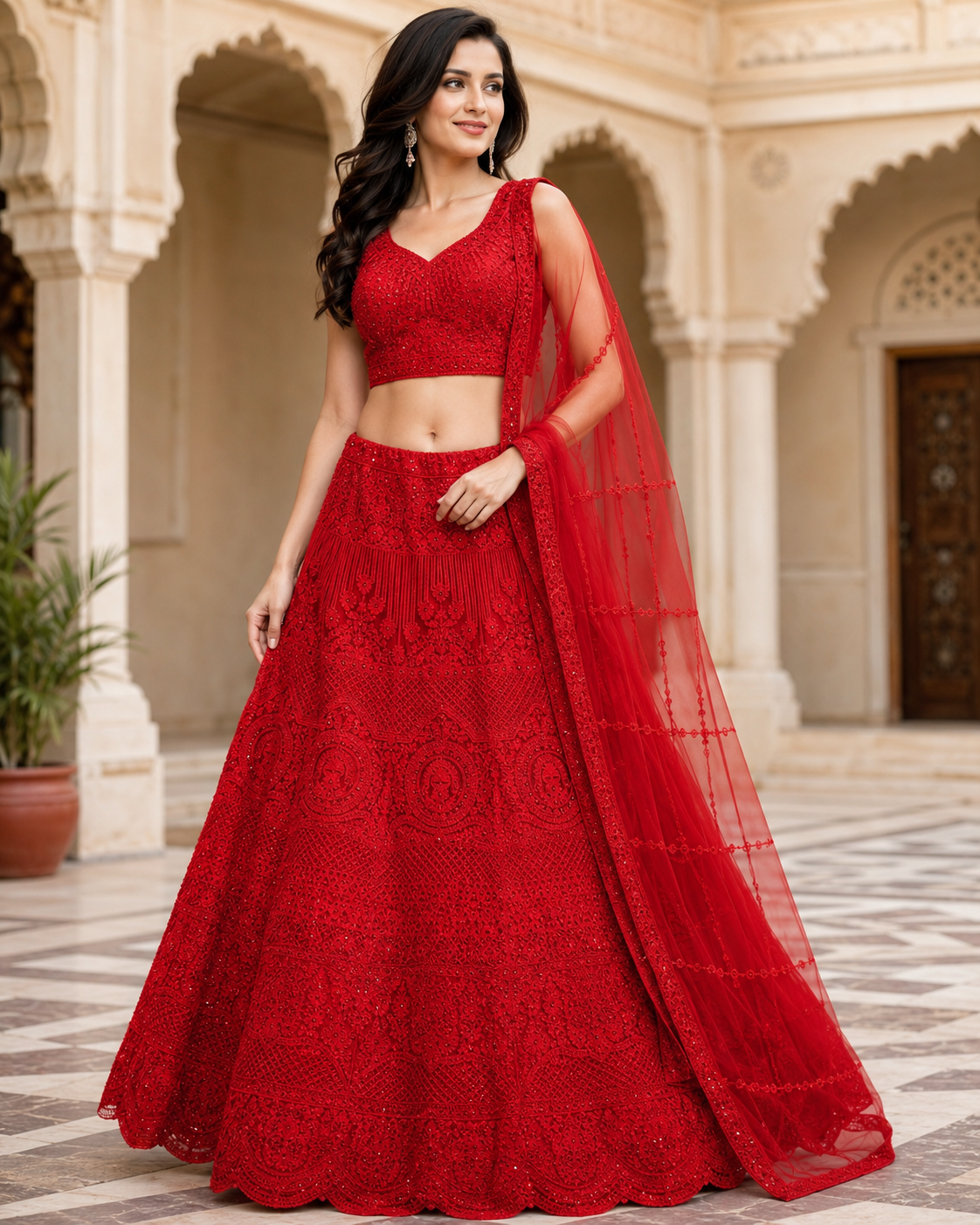 Red Self Thread Embroidered Lehenga Choli Set with Dupatta-Medium