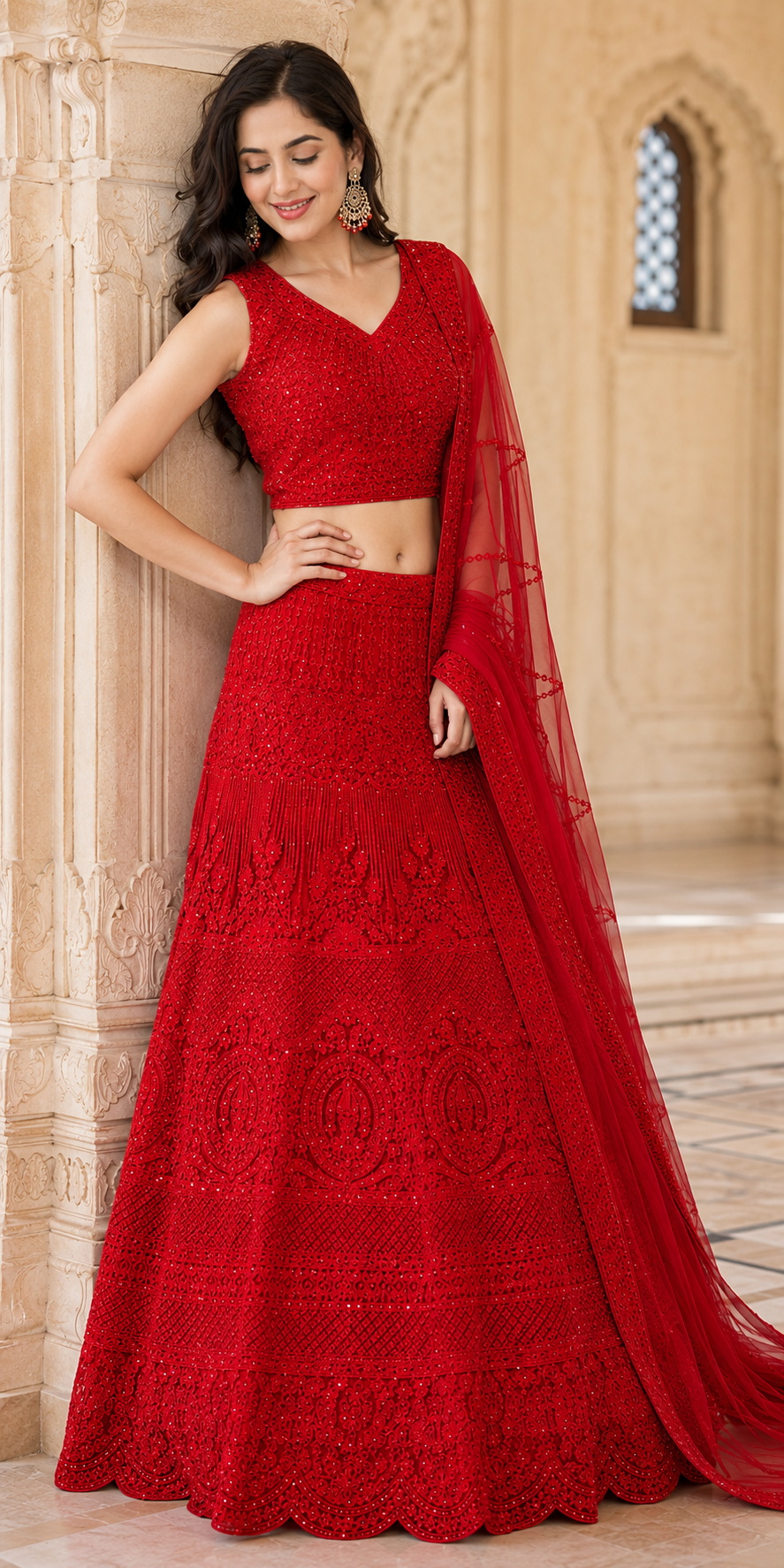 Red Self Thread Embroidered Lehenga Choli Set with Dupatta-Medium