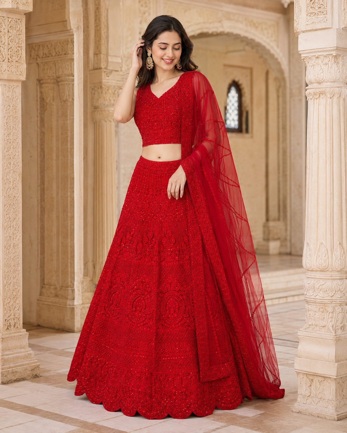 Red Self Thread Embroidered Lehenga Choli Set with Dupatta-Medium