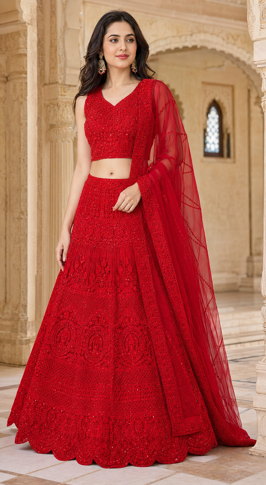 Red Self Thread Embroidered Lehenga Choli Set with Dupatta-Medium