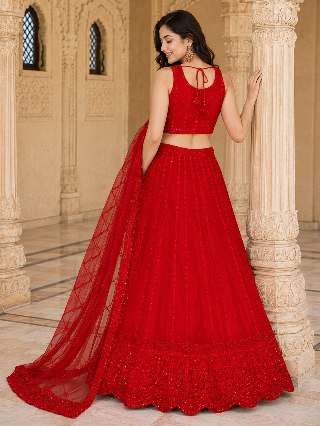 Red Self Thread Embroidered Lehenga Choli Set with Dupatta-Medium