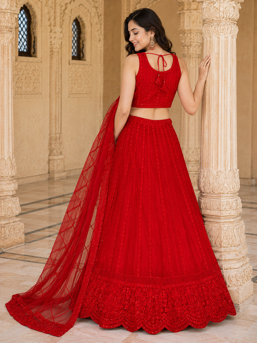 Red Self Thread Embroidered Lehenga Choli Set with Dupatta-Medium