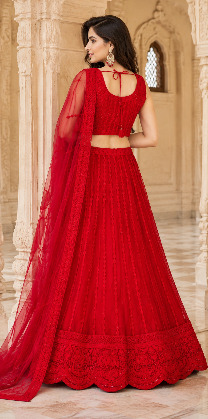Red Self Thread Embroidered Lehenga Choli Set with Dupatta-Medium