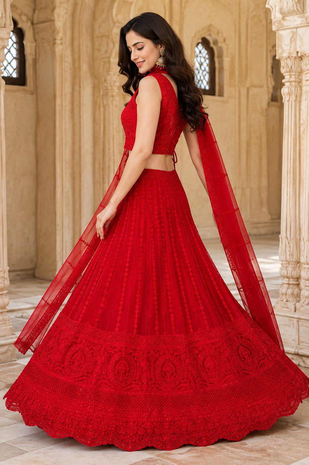 Red Self Thread Embroidered Lehenga Choli Set with Dupatta-Medium