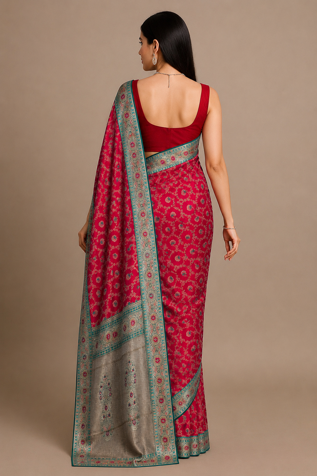 Crimson Elegance - Red Minakari Silk Saree