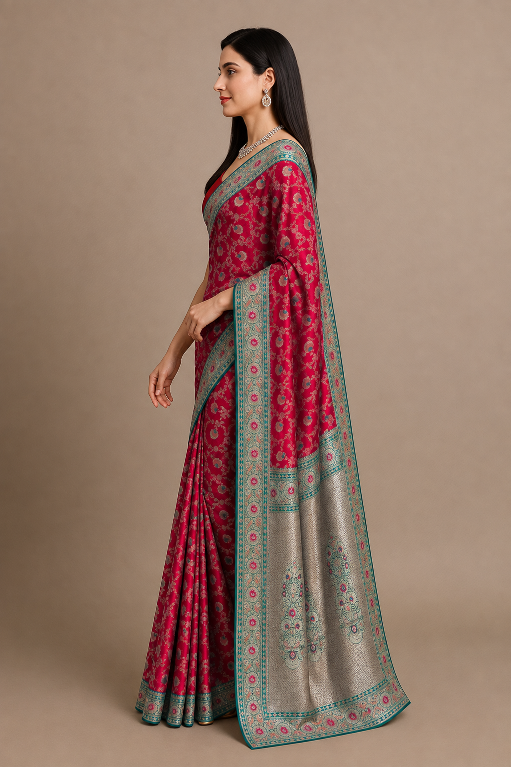 Crimson Elegance - Red Minakari Silk Saree