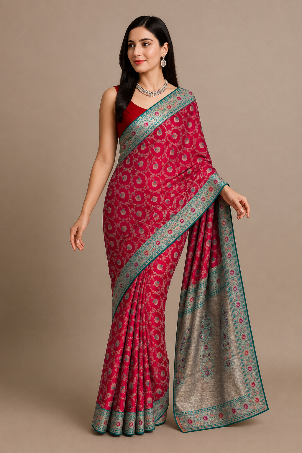 Crimson Elegance - Red Minakari Silk Saree