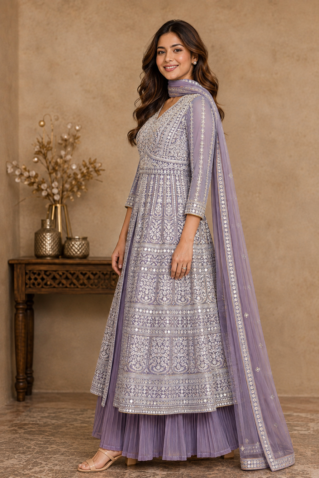 Lavender Embroidered Anarkali Kurta Set with Pleated Skirt & Organza Dupatta