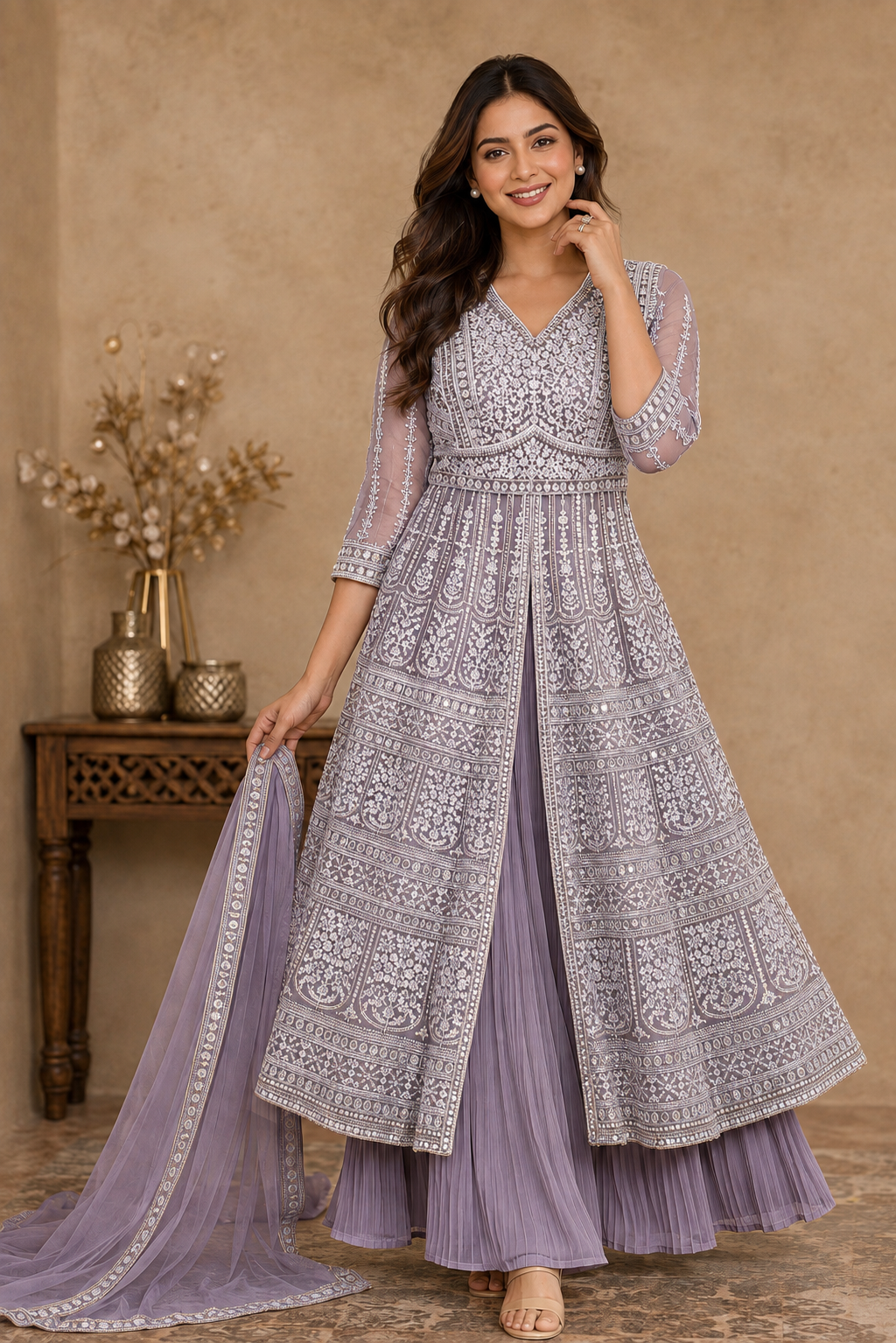 Lavender Embroidered Anarkali Kurta Set with Pleated Skirt & Organza Dupatta