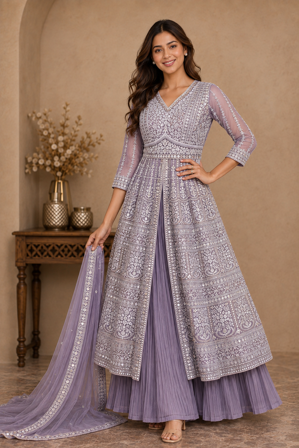 Lavender Embroidered Anarkali Kurta Set with Pleated Skirt & Organza Dupatta