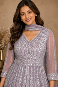 Lavender Embroidered Anarkali Kurta Set with Pleated Skirt & Organza Dupatta