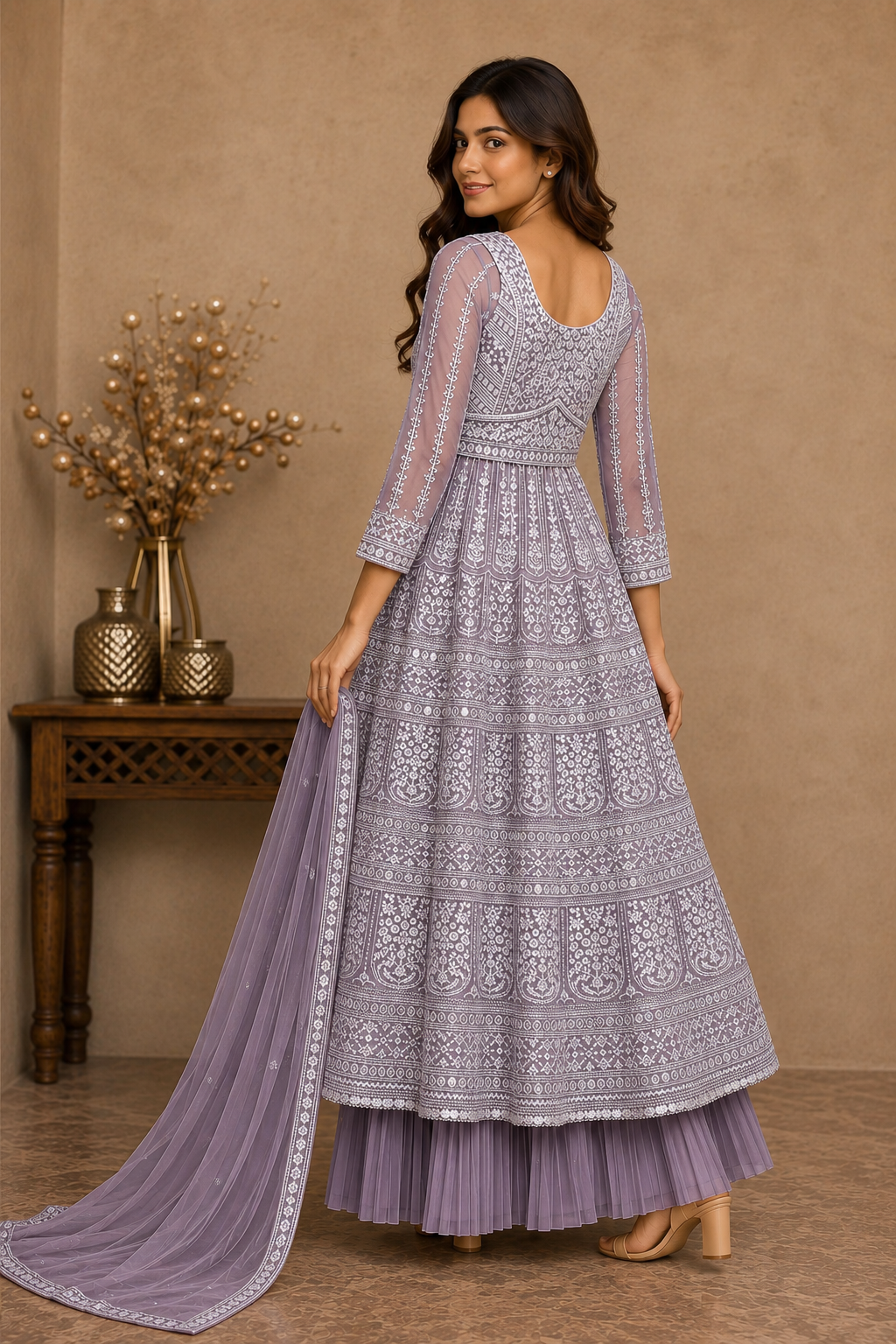Lavender Embroidered Anarkali Kurta Set with Pleated Skirt & Organza Dupatta