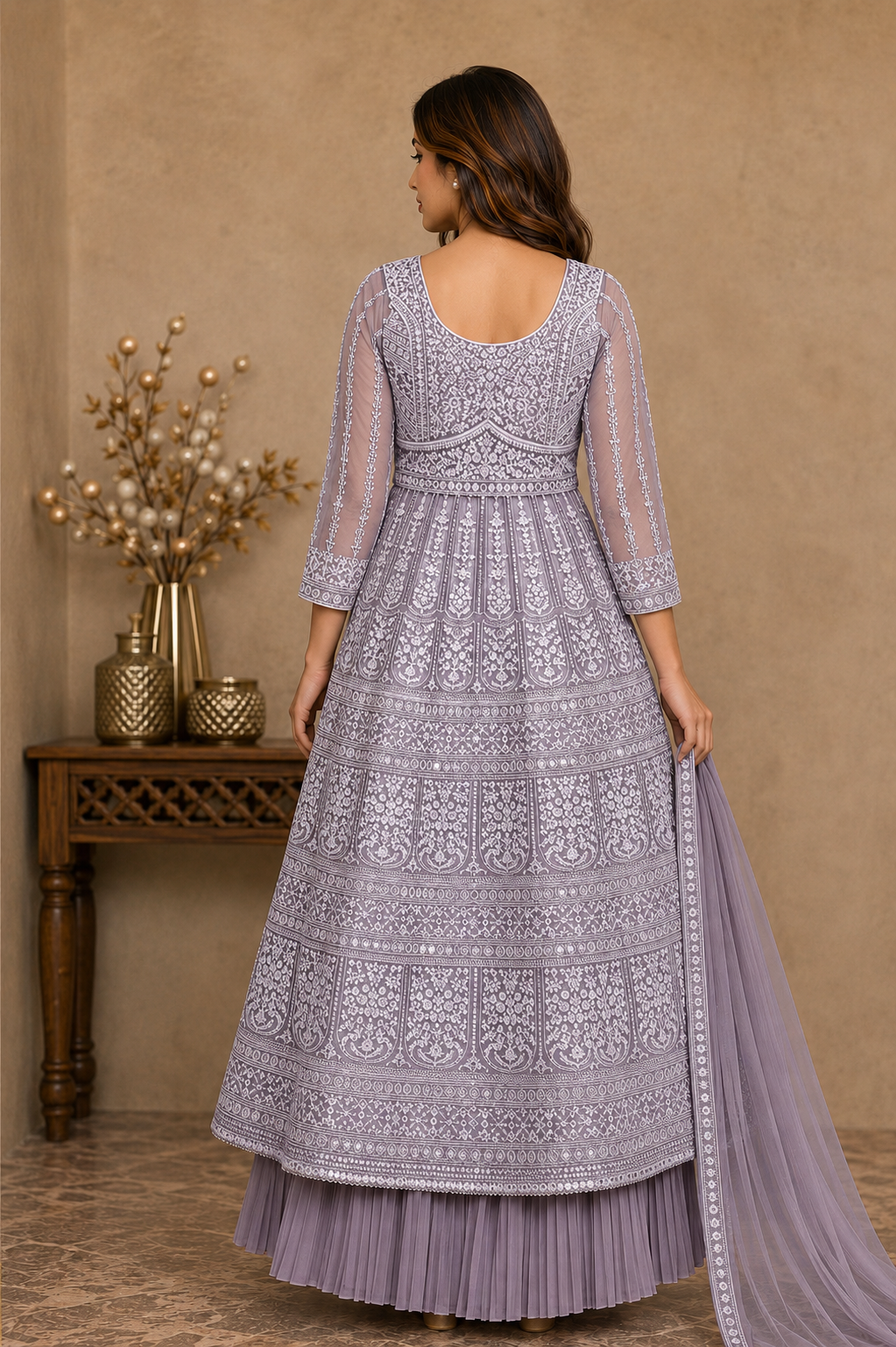 Lavender Embroidered Anarkali Kurta Set with Pleated Skirt & Organza Dupatta