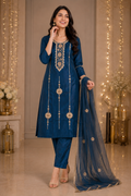 Women's Royal Blue Embroidered Kurta Pant & Dupatta Set