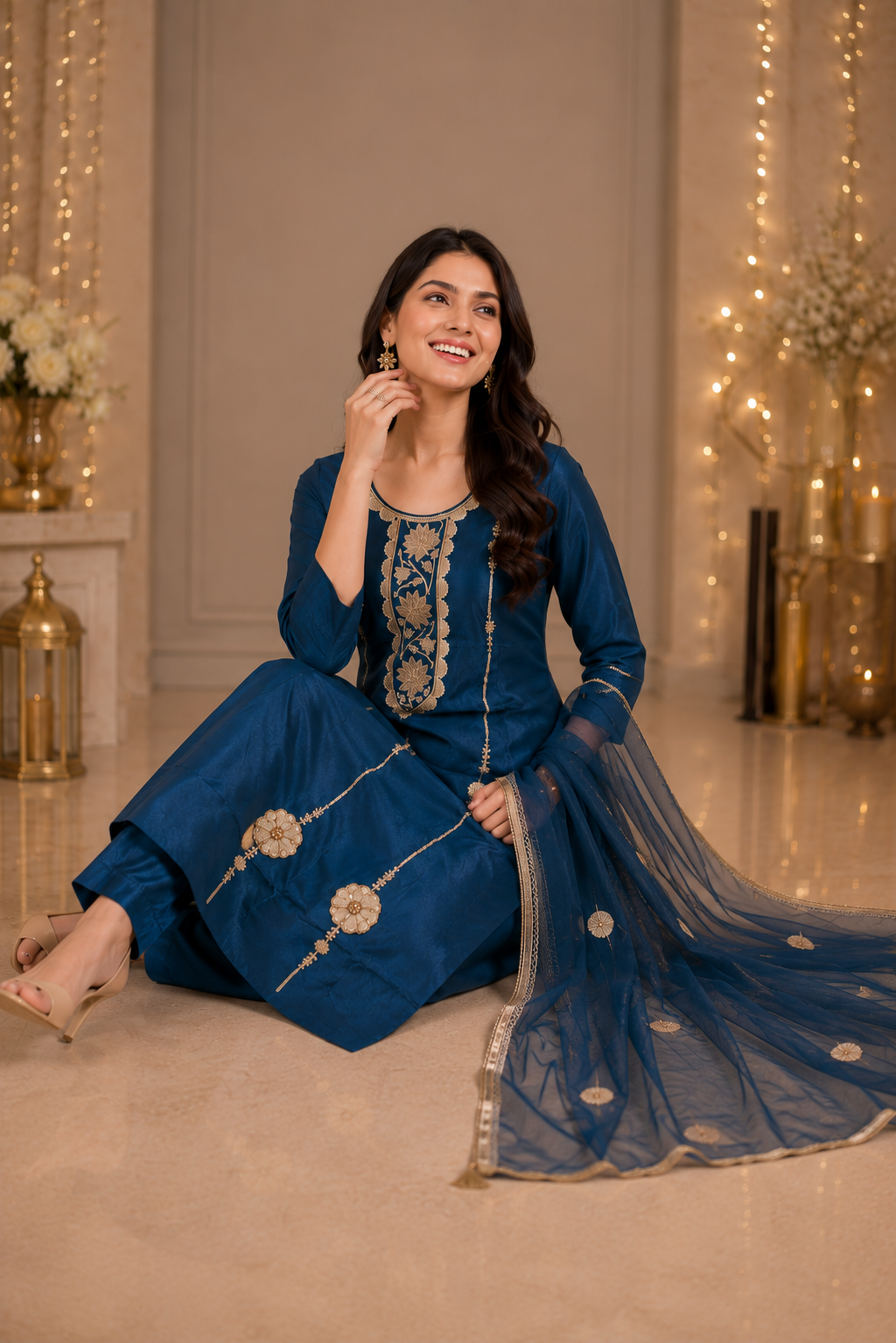 Women's Royal Blue Embroidered Kurta Pant & Dupatta Set