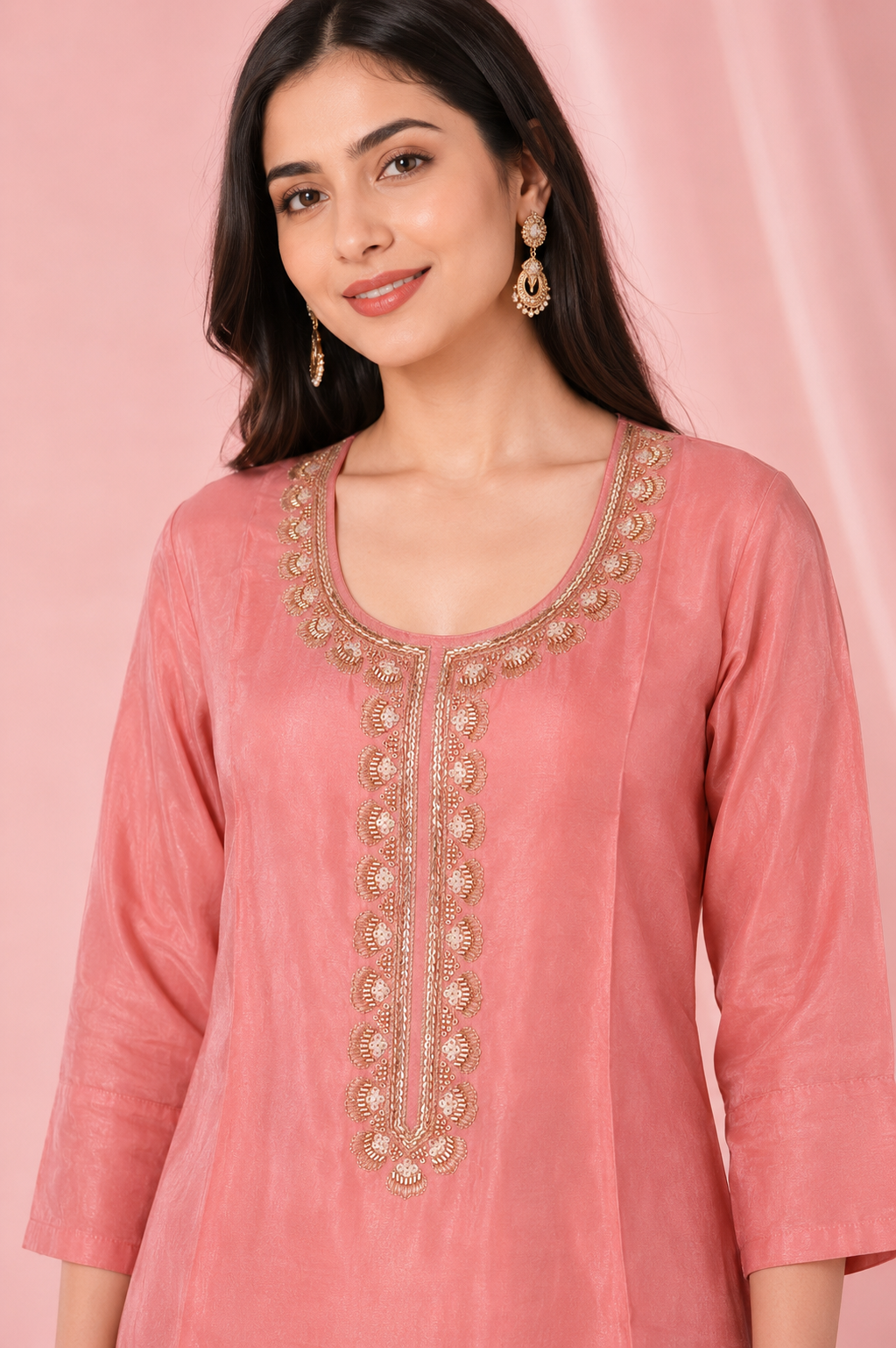 Women's Blush Pink Embroidered Kurta Set with Organza Dupatta