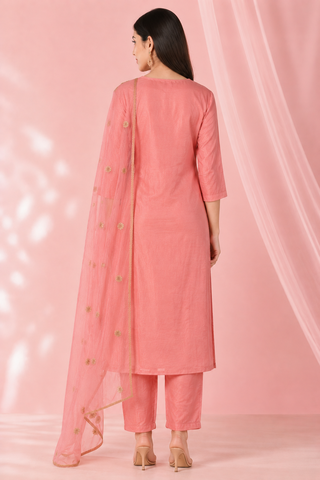 Women's Blush Pink Embroidered Kurta Set with Organza Dupatta