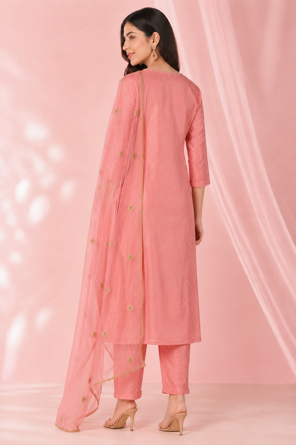 Women's Blush Pink Embroidered Kurta Set with Organza Dupatta