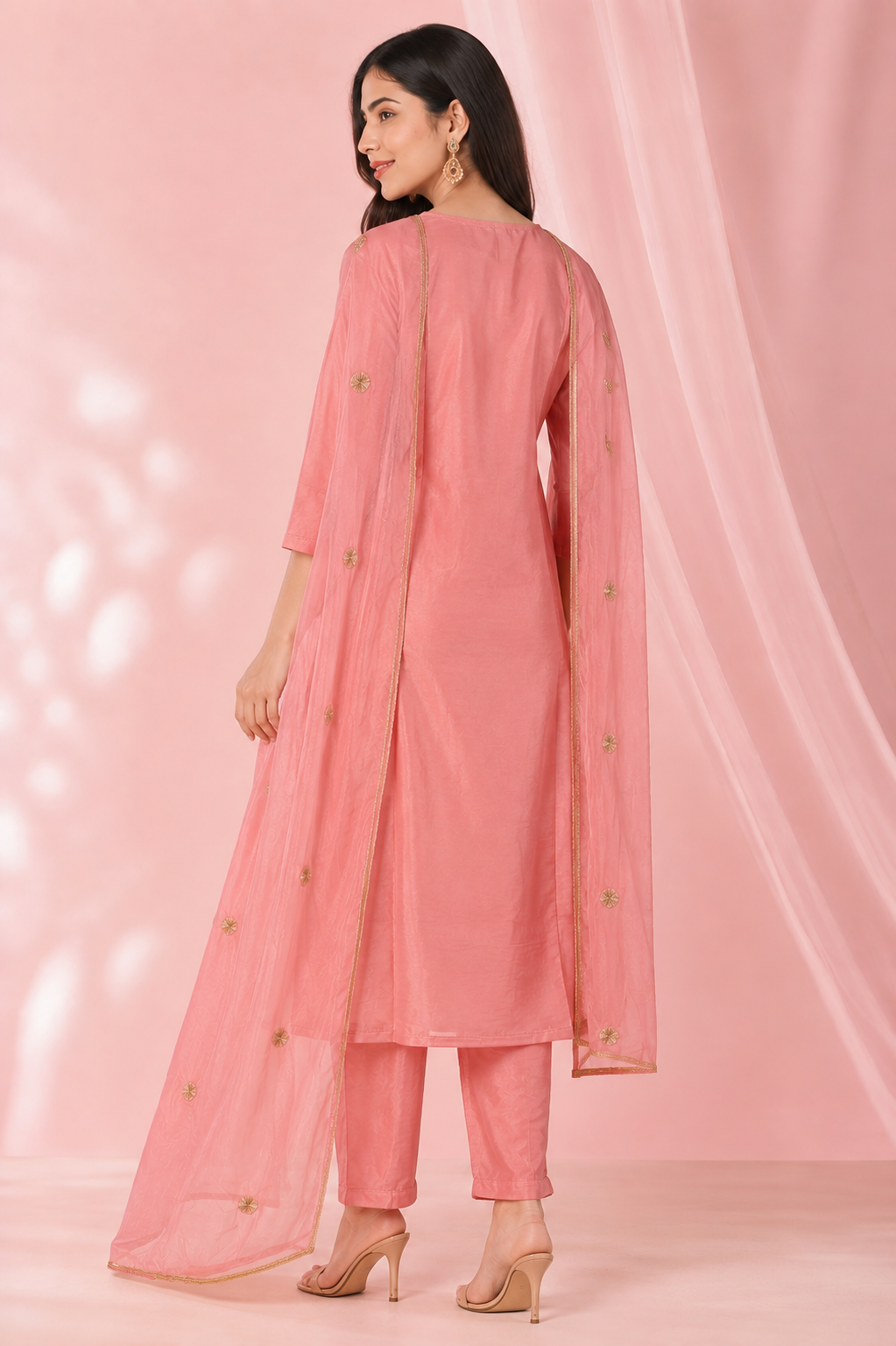 Women's Blush Pink Embroidered Kurta Set with Organza Dupatta