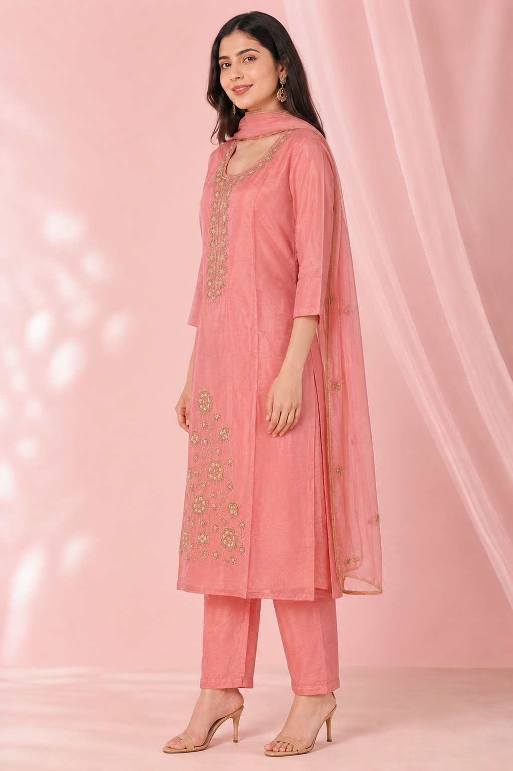 Women's Blush Pink Embroidered Kurta Set with Organza Dupatta