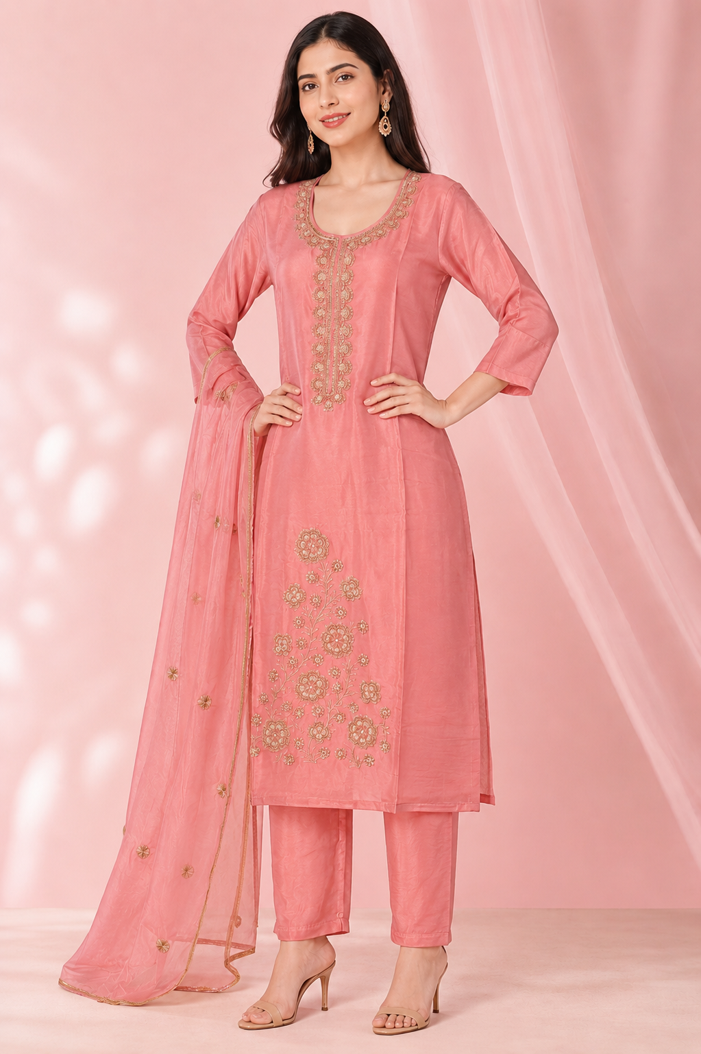 Women's Blush Pink Embroidered Kurta Set with Organza Dupatta