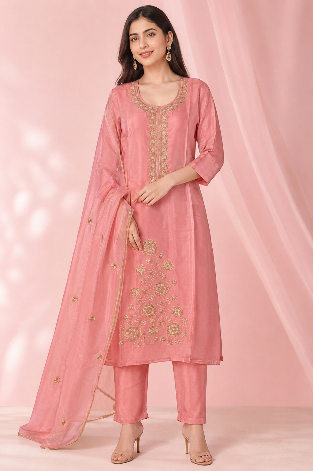 Women's Blush Pink Embroidered Kurta Set with Organza Dupatta