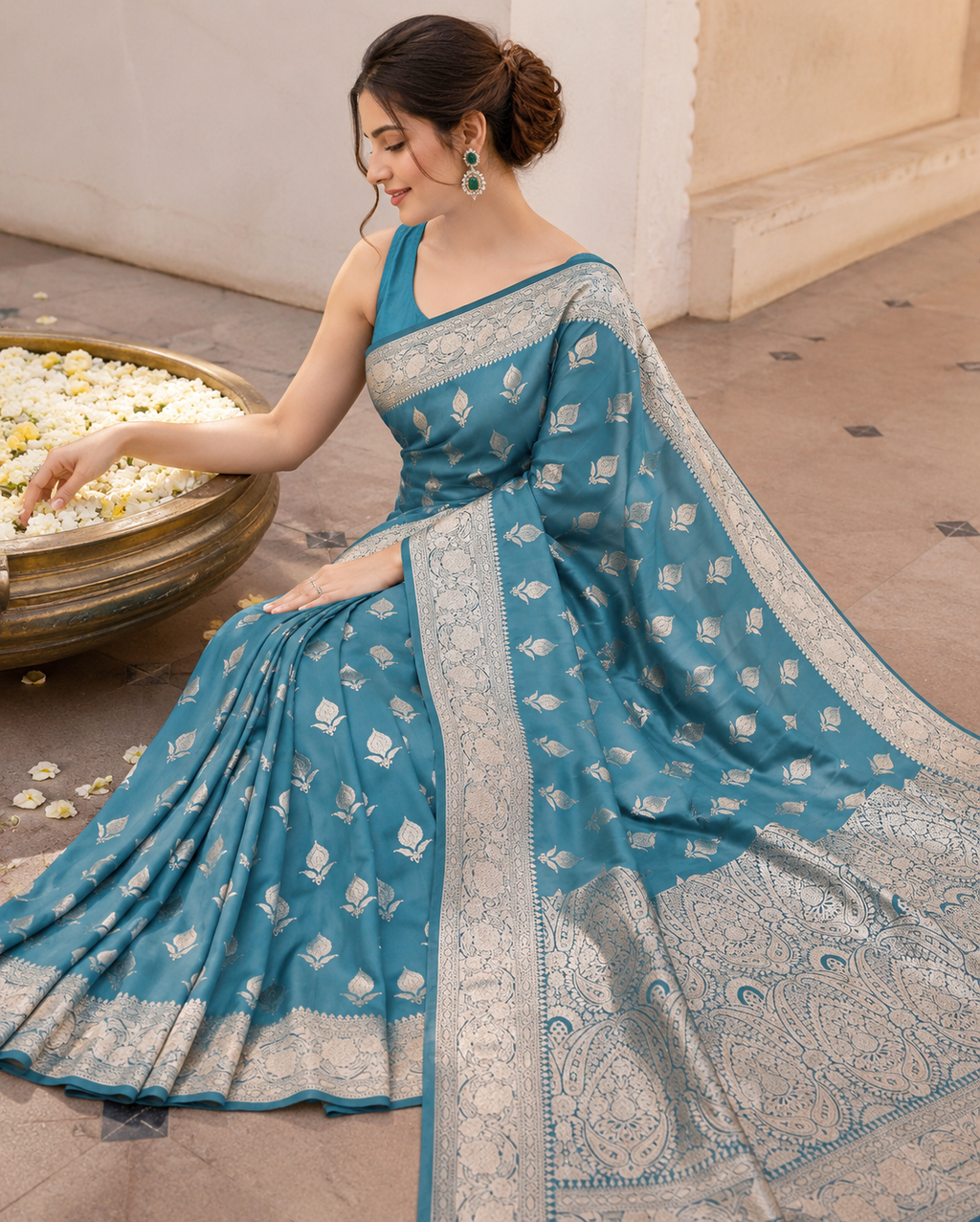 Teal Blue Silver Zari Silk Saree