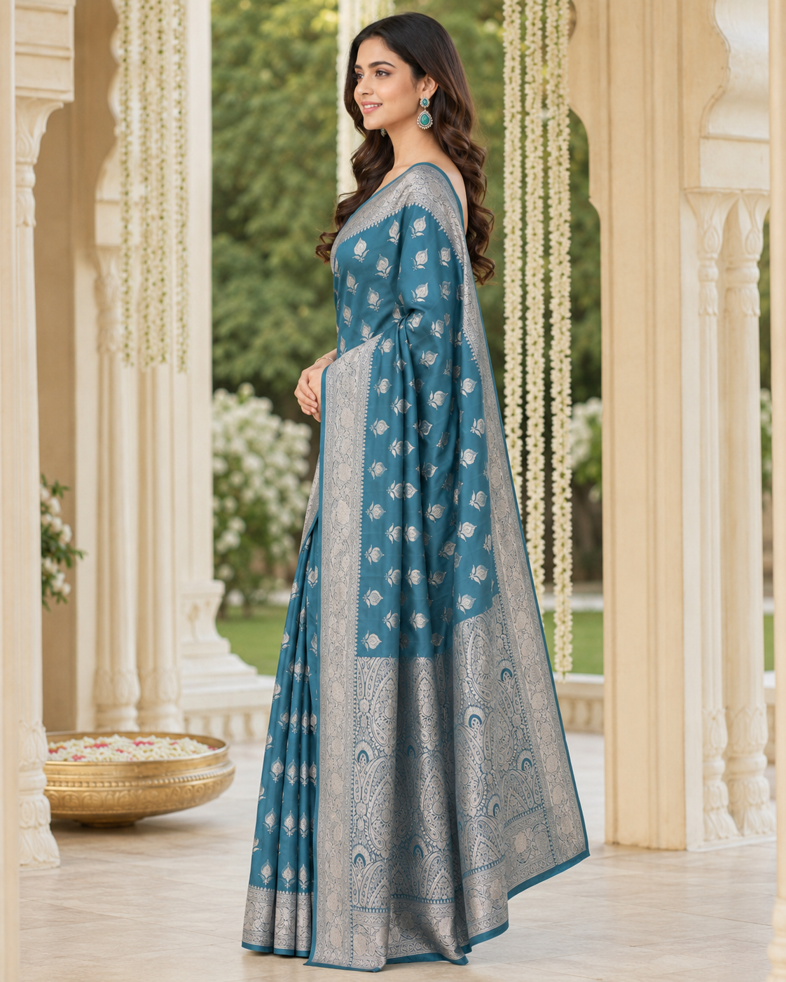 Teal Blue Silver Zari Silk Saree