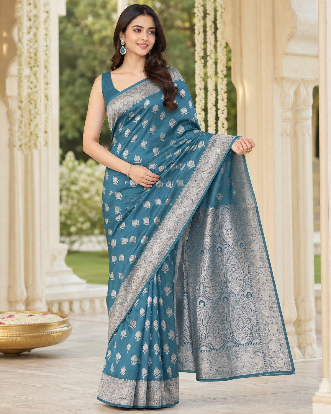 Teal Blue Silver Zari Silk Saree