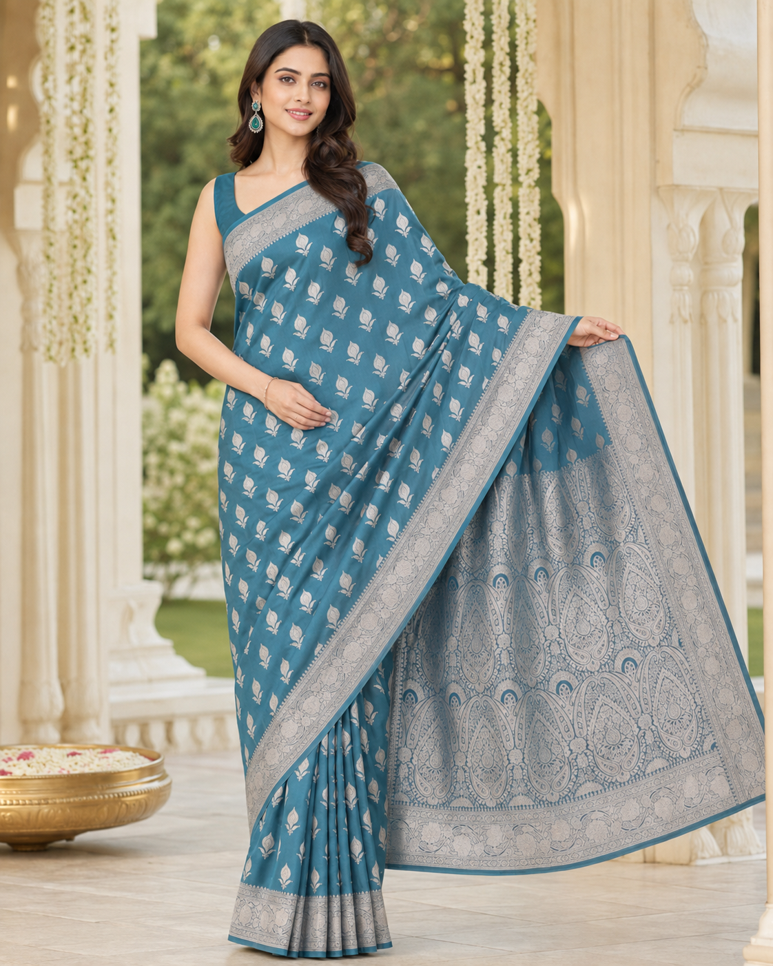 Teal Blue Silver Zari Silk Saree