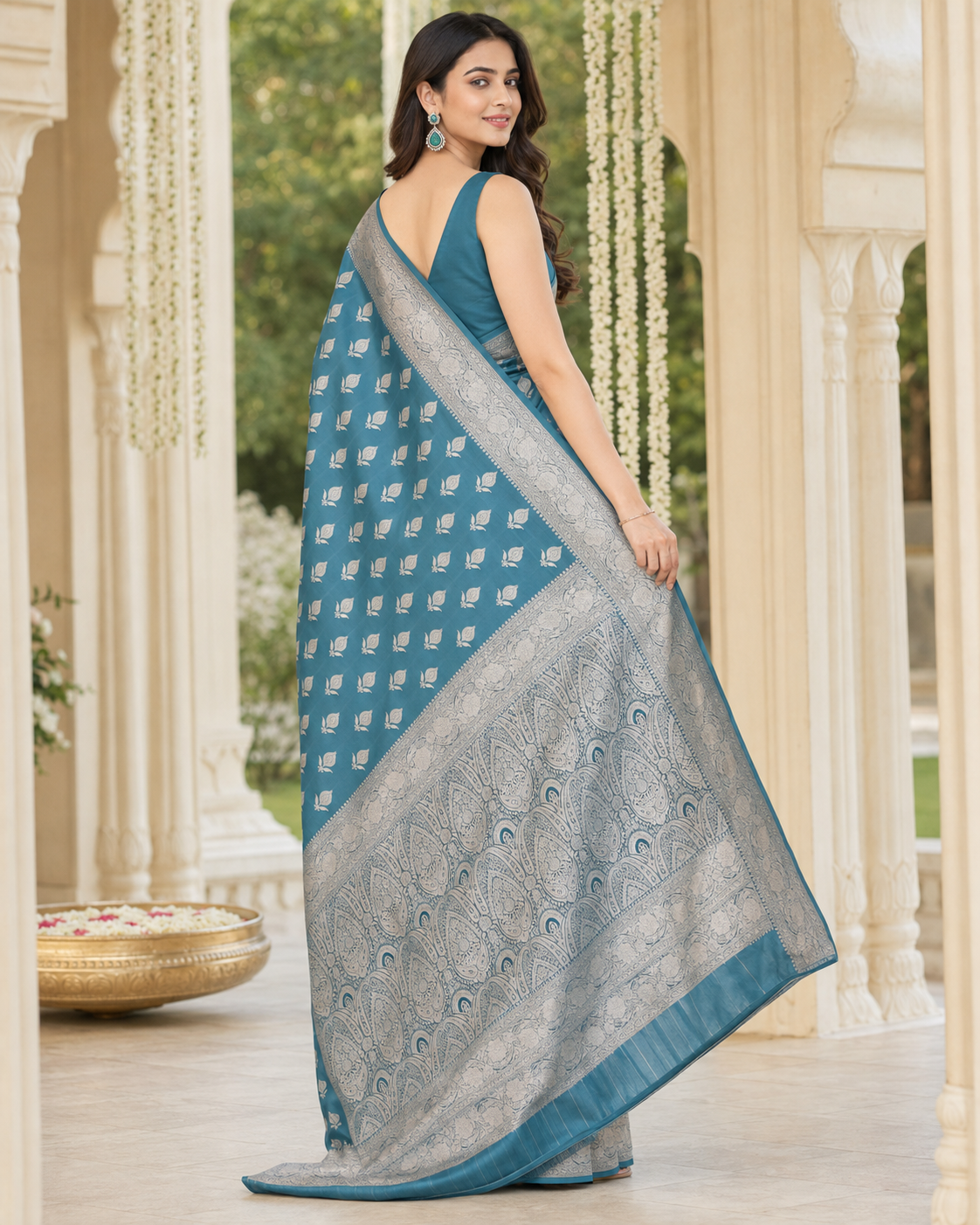 Teal Blue Silver Zari Silk Saree