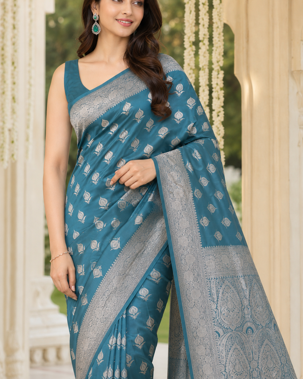 Teal Blue Silver Zari Silk Saree