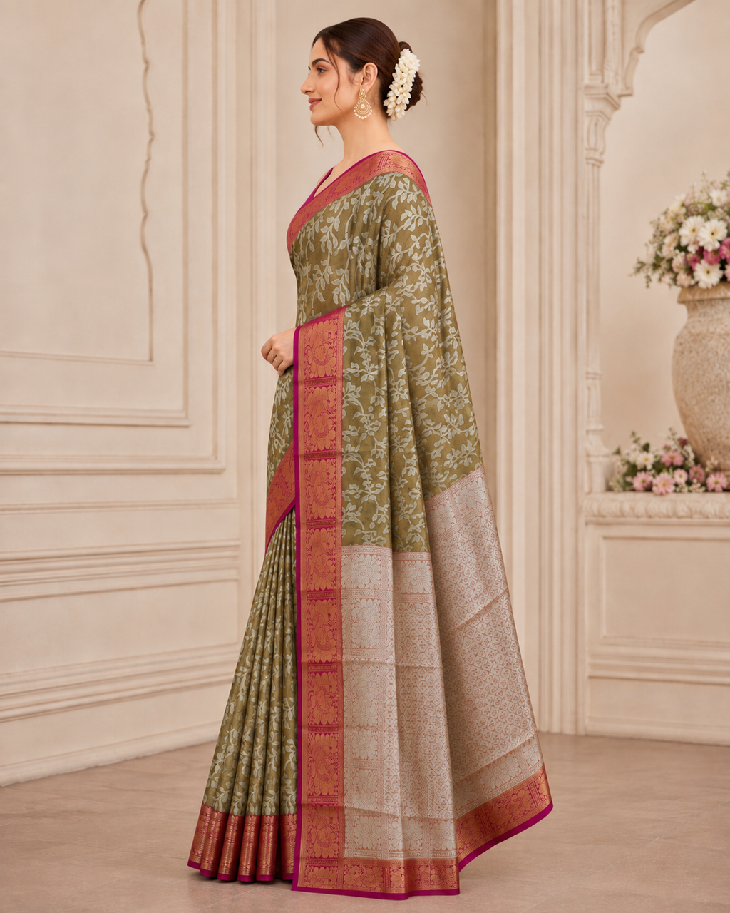 Sap Green Silk Saree with Silver Vine Motifs