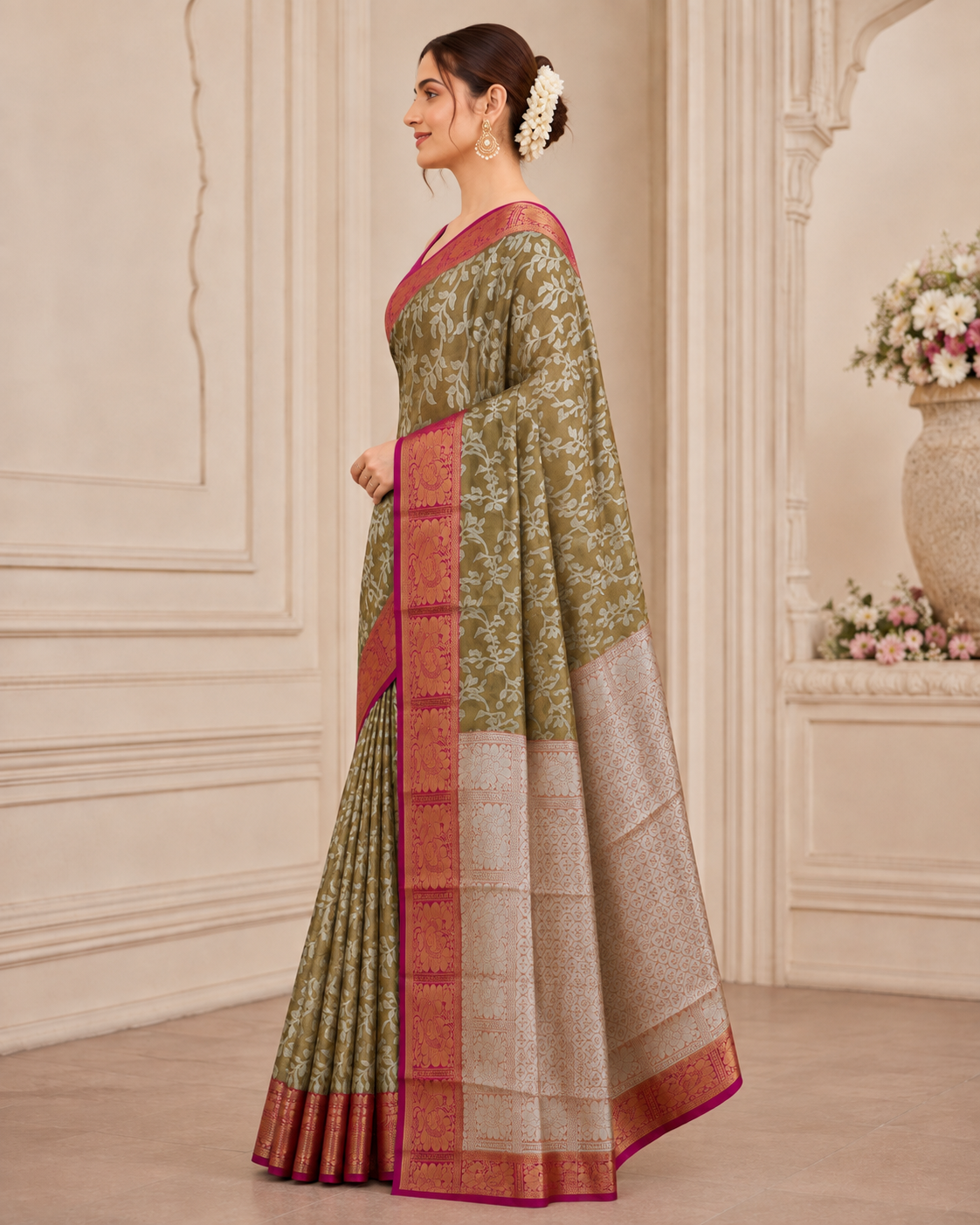 Sap Green Silk Saree with Silver Vine Motifs