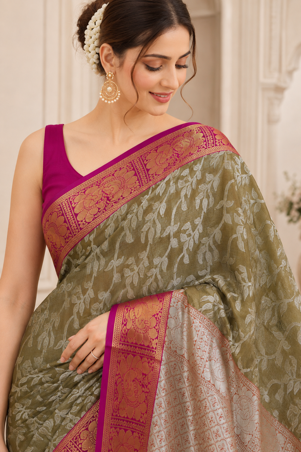 Sap Green Silk Saree with Silver Vine Motifs