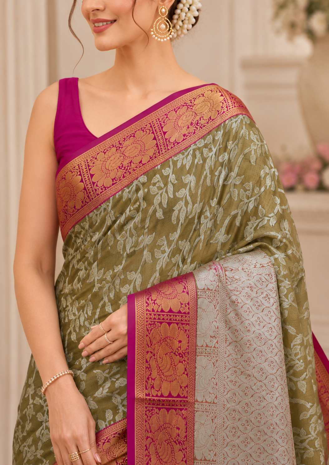 Sap Green Silk Saree with Silver Vine Motifs