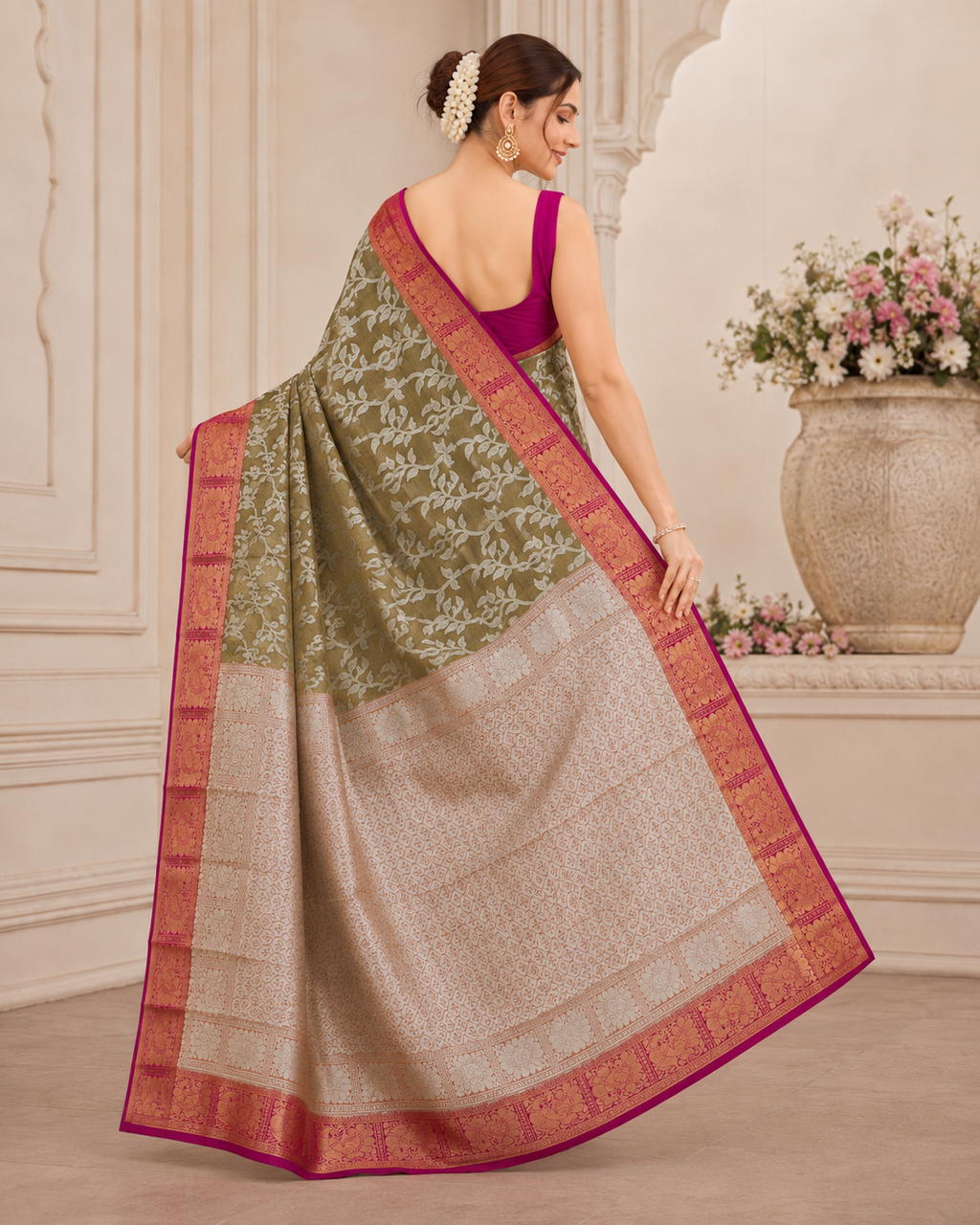 Sap Green Silk Saree with Silver Vine Motifs