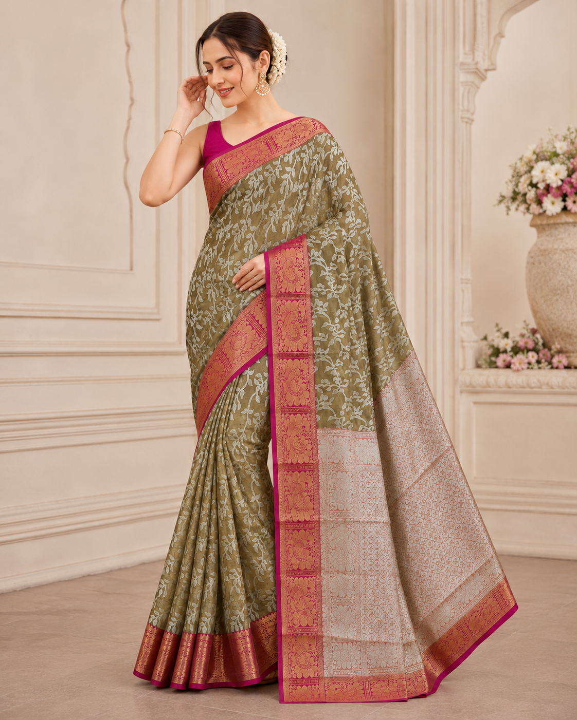 Sap Green Silk Saree with Silver Vine Motifs