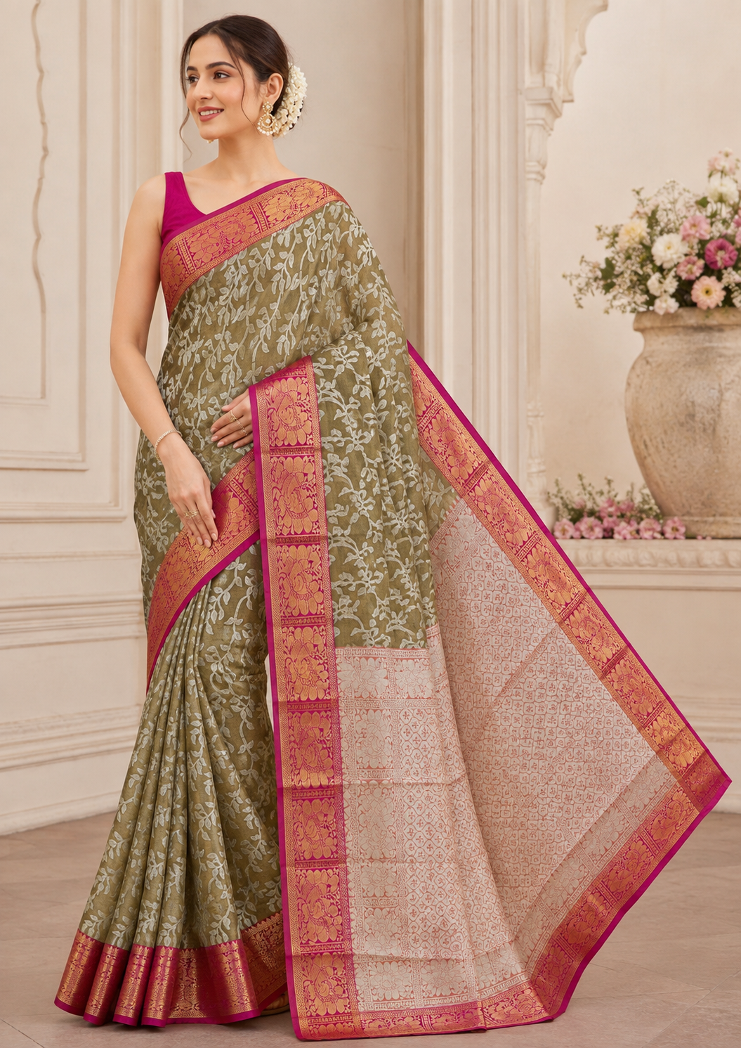 Sap Green Silk Saree with Silver Vine Motifs