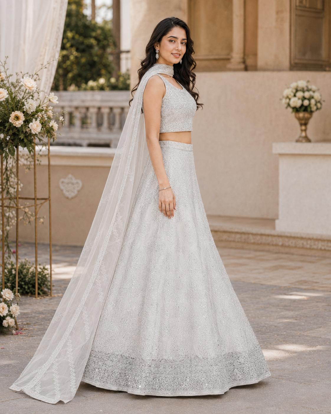 White Self Thread Embroidered Lehenga Choli Set with Dupatta-Large