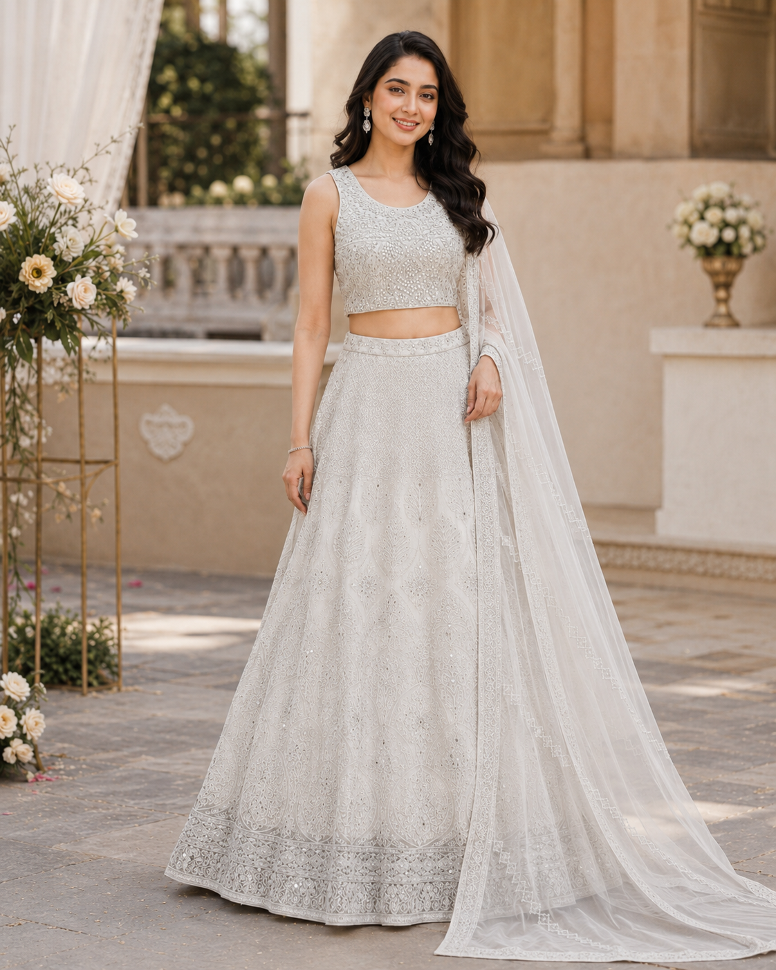 White Self Thread Embroidered Lehenga Choli Set with Dupatta-Large
