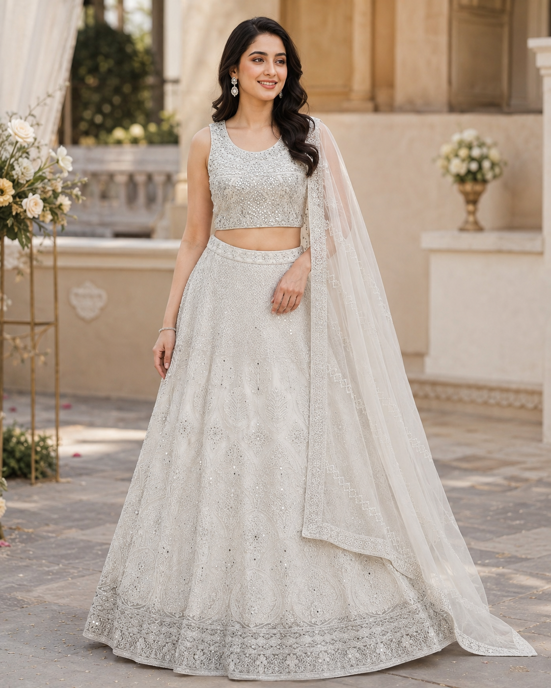 White Self Thread Embroidered Lehenga Choli Set with Dupatta-Large