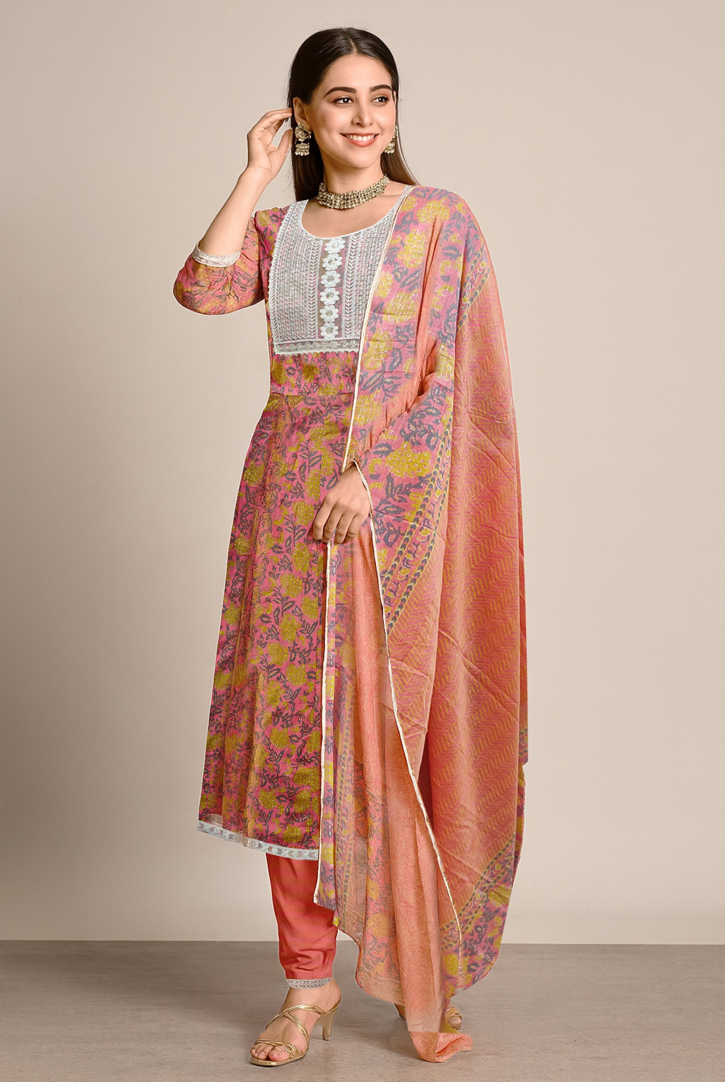 Coral Pink Floral Anarkali Kurti Set