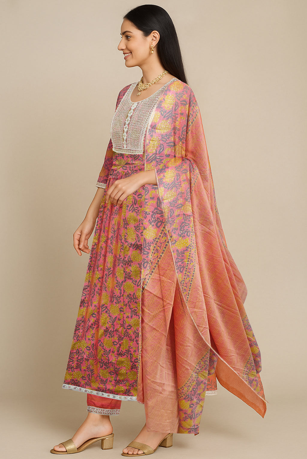 Coral Pink Floral Anarkali Kurti Set