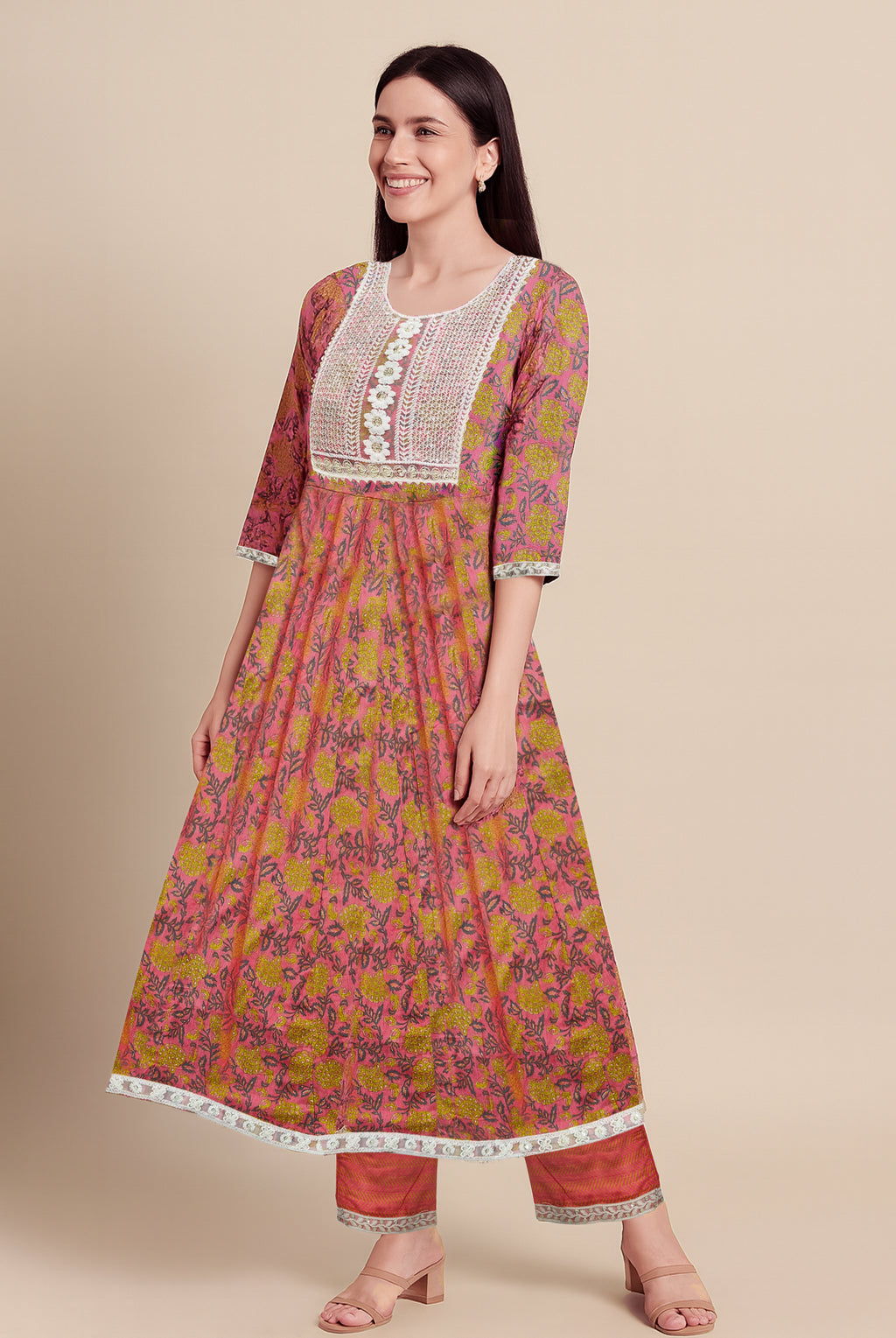 Coral Pink Floral Anarkali Kurti Set