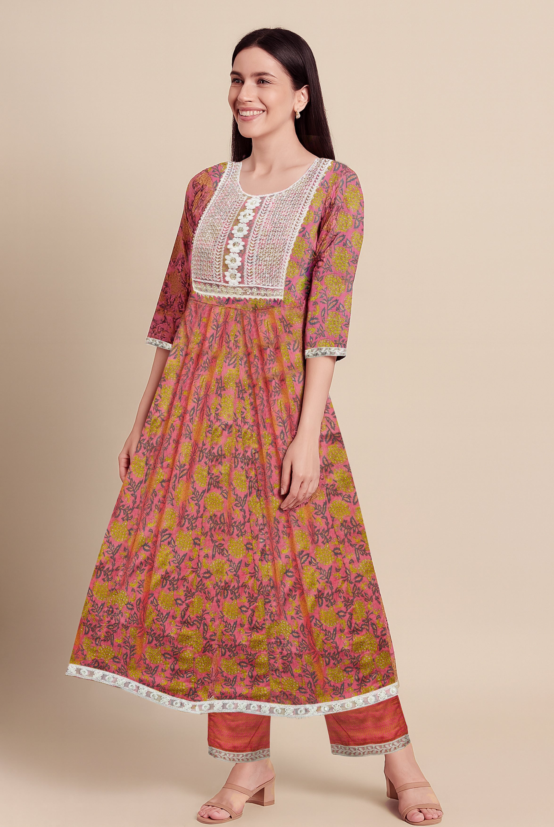 Coral Pink Floral Anarkali Kurti Set