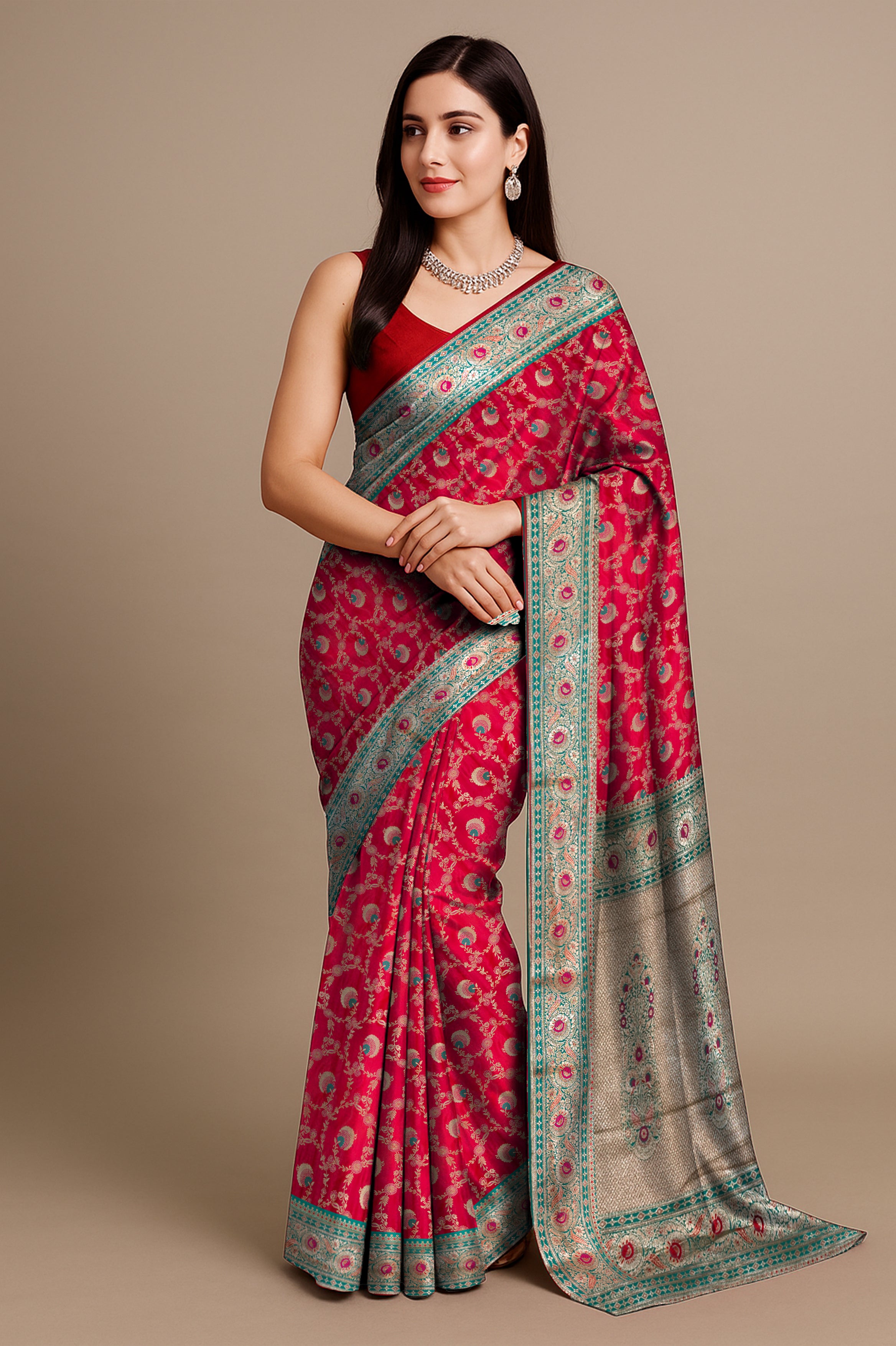 Crimson Elegance - Red Minakari Silk Saree