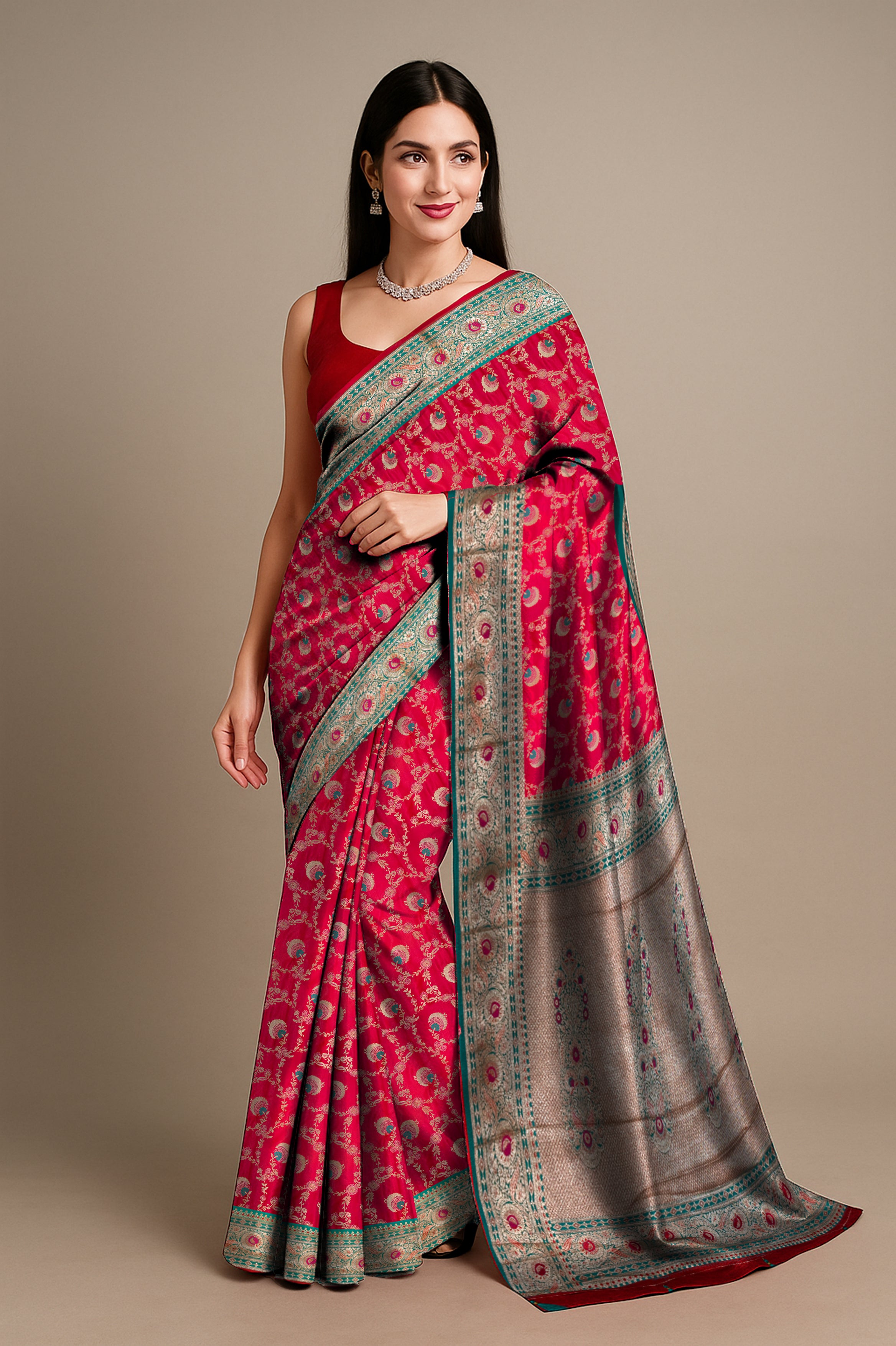 Crimson Elegance - Red Minakari Silk Saree