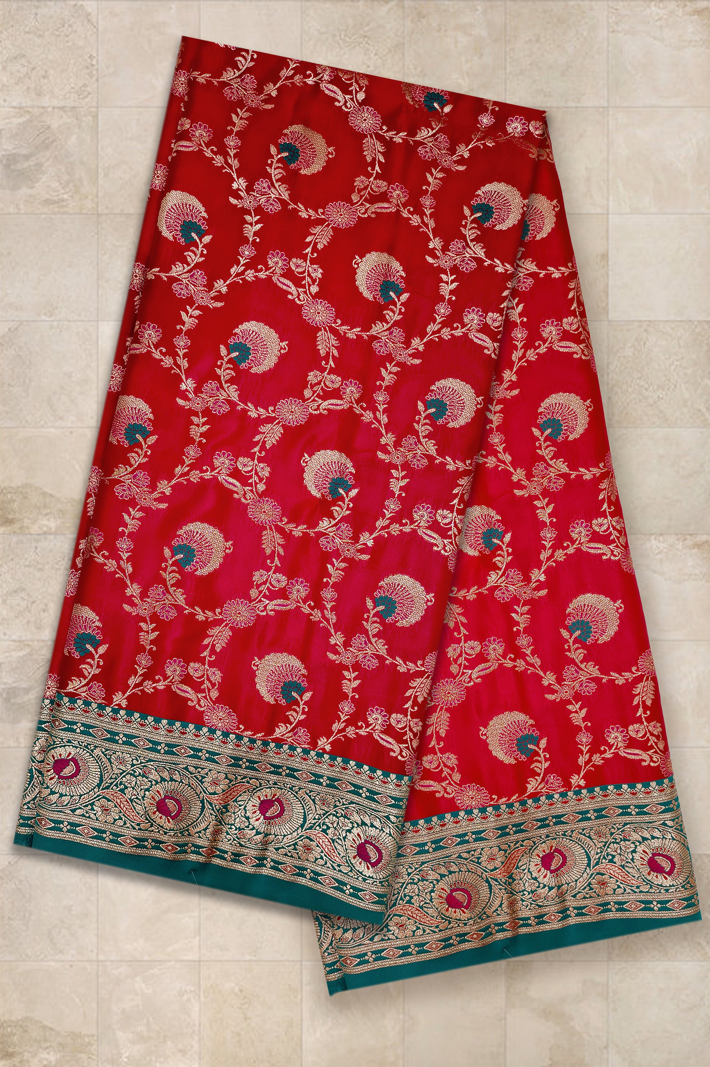 Crimson Elegance - Red Minakari Silk Saree